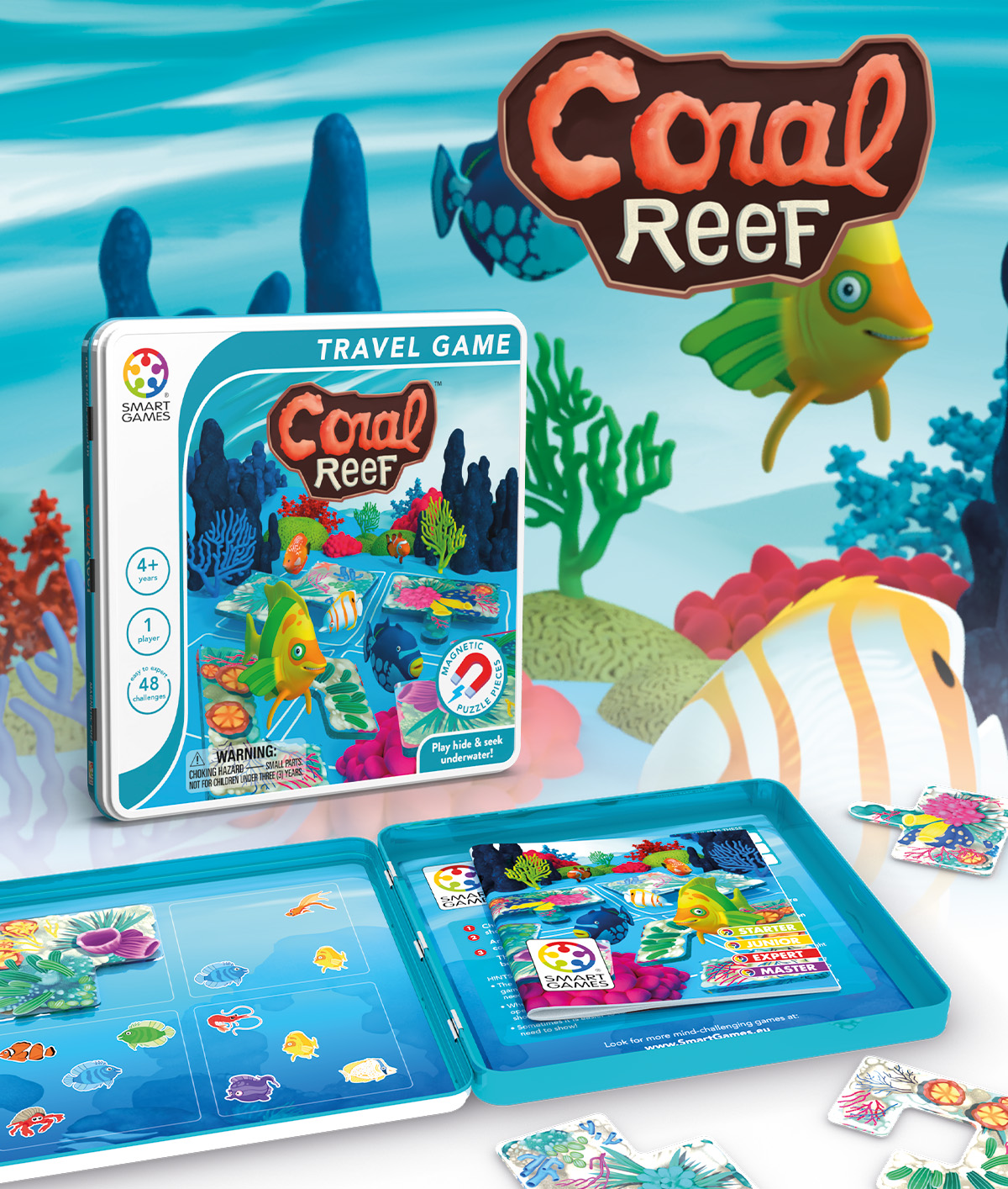 SmartGames Coral Reef: Gioco Da Viaggio Magnetico Per Bambini. Avventure Sottomarine Per Nascondere E Trovare Con 48 Sfide, Da Facili A Estremamente Difficili.